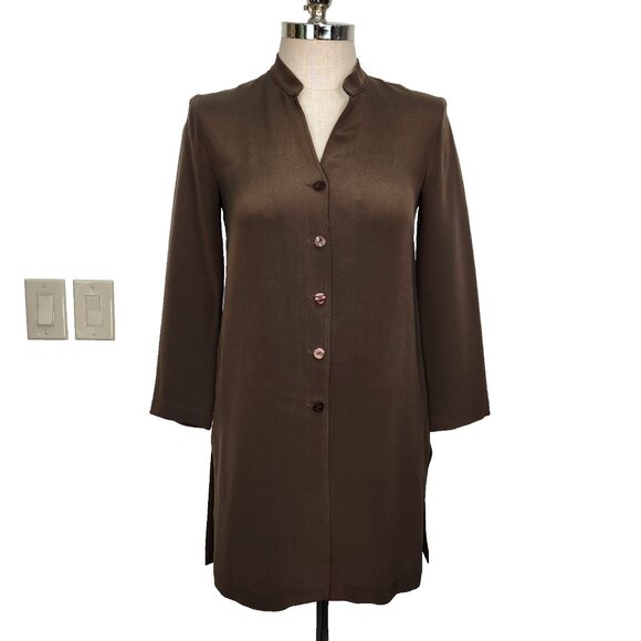Louben Petite Button Front Silk Tunic Blouse 6P Brown Vintage Mandarin Collar - Picture 1 of 12